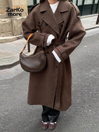 Elegante cinto cinza longo falso lã casaco feminino lapela duplo breasted casacos de rua feminino 2025 outono inverno nova senhora peacoat