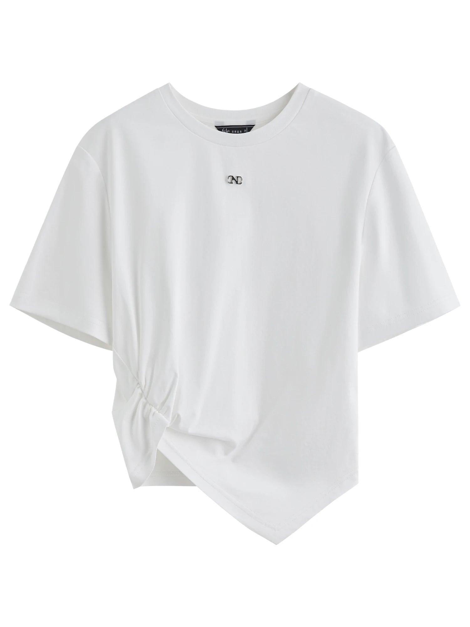 FSLE 【Premium Series】Design-inspired Asymmetric Twisted Pleated Solid Color Short-sleeved T-shirt for Women 25FE12021