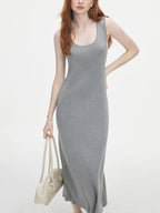 FSLE Women Grey Sleeveless Knitted Dress U-Neck Temperament 2024 Autumn All-Match Yellow Midi Long Lyocell Dresses 24FS13186