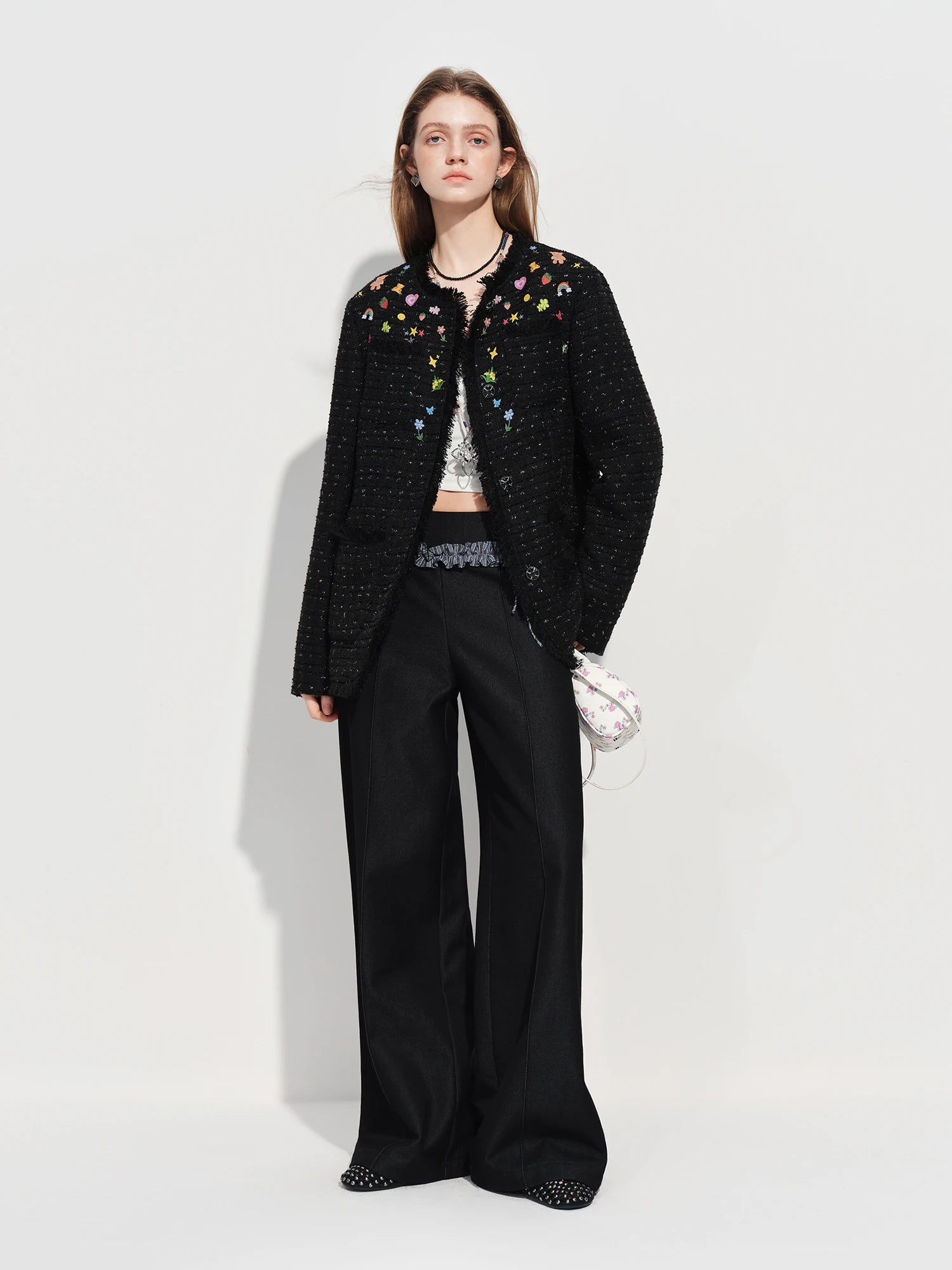 Fsle jaqueta curta de tweed estilo moda, design pintado à mão, novo inverno, streetwear, elegante, sofisticado, temperamento ins