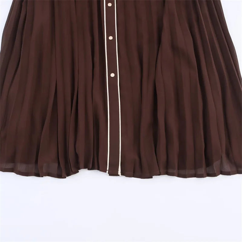 Vestidos femininos novo outono 2025 russet mangas compridas com cinto plissado embelezado midi vestido maxi casual moda personalidade