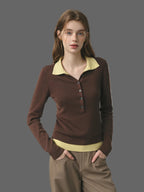 Fsle 2025 novo outono feminino camisola de malha cor bloco barenia estilo falso duas peças gola virada vintage aconchegante cabo malha topo