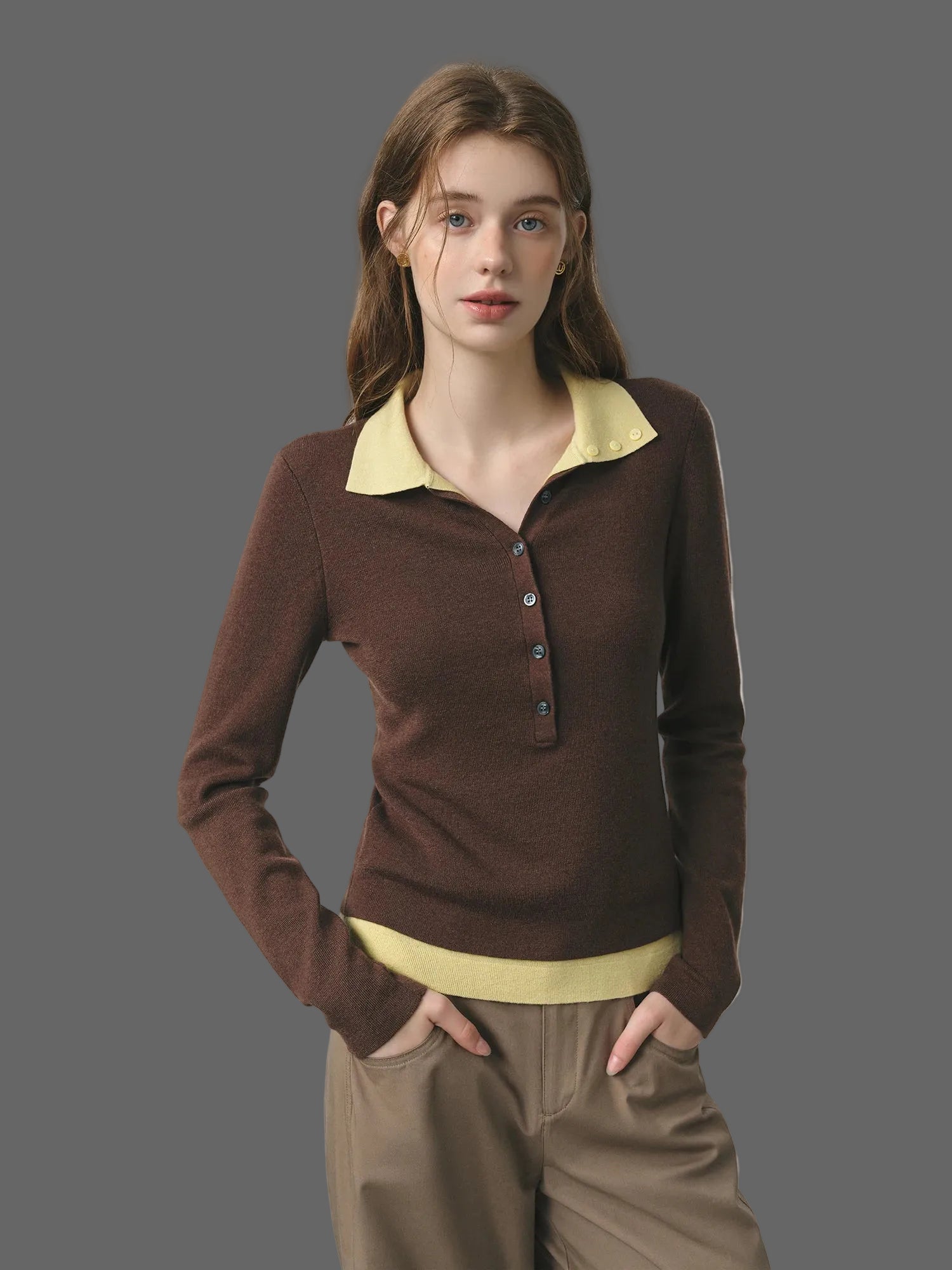 Fsle 2025 novo outono feminino camisola de malha cor bloco barenia estilo falso duas peças gola virada vintage aconchegante cabo malha topo