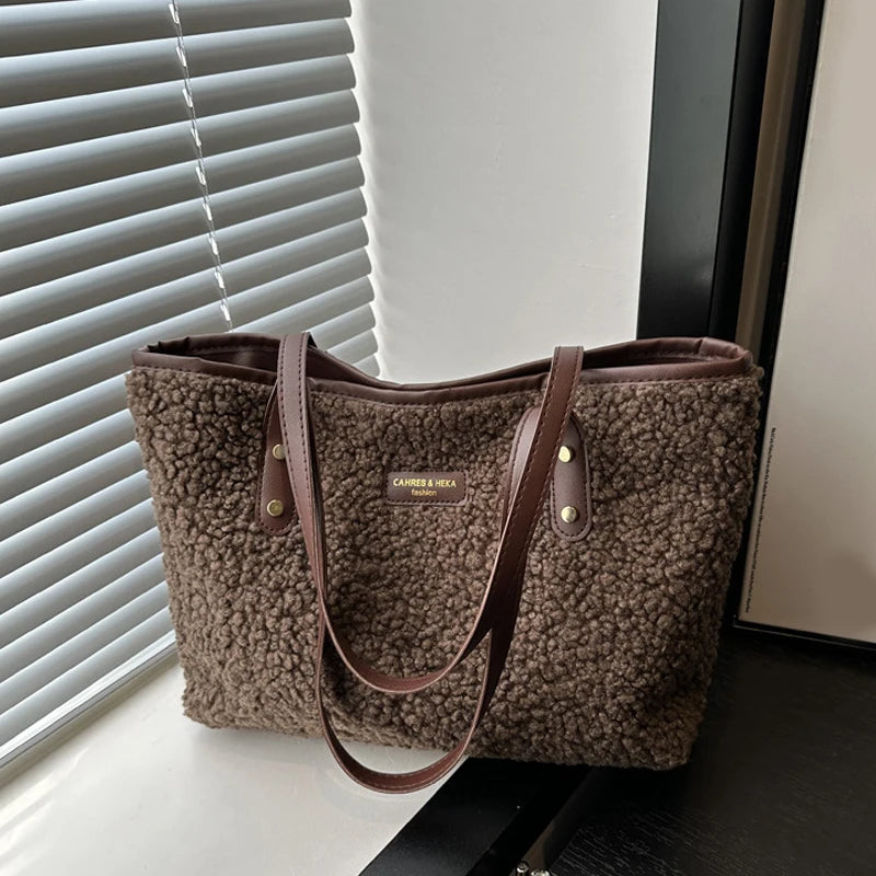 Bolsa macia de grande capacidade, bolsa de ombro feminina de lã de cordeiro, fechamento com zíper, casual, compras, viagem