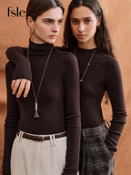 FSLE【Série Premium】Lã de Biela Alemã Outono Super Fina Lavável Sem Costura Mock Neck Camisa de Camada de Base Térmica Feminina