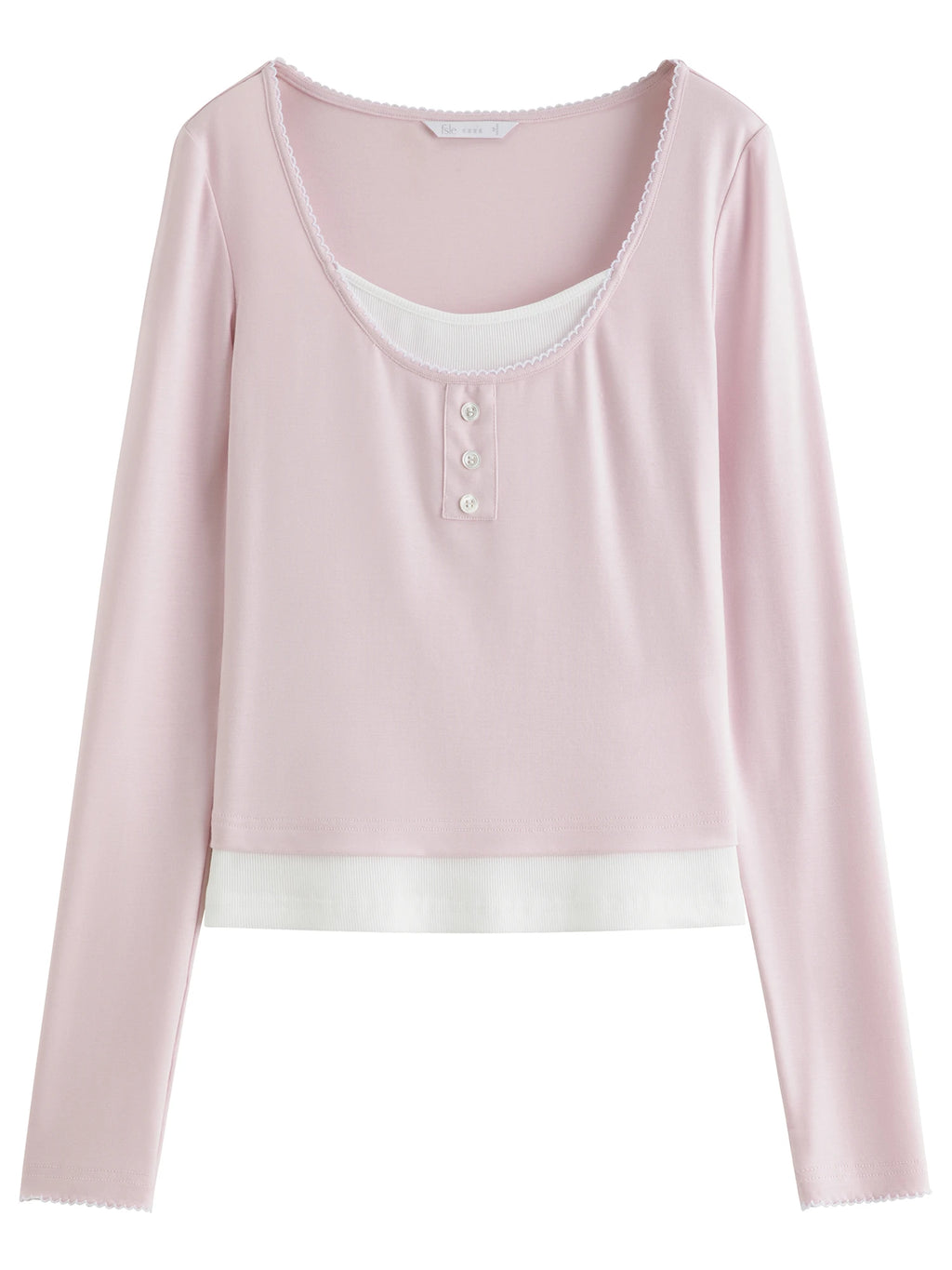 FSLE Autumn Elegant Contrast Color Fake 2 Piece T-shirt Female 2025 Autumn New Korean Style Pink Large U-neck Long-sleeved Top