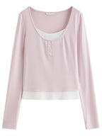 FSLE Autumn Elegant Contrast Color Fake 2 Piece T-shirt Female 2025 Autumn New Korean Style Pink Large U-neck Long-sleeved Top