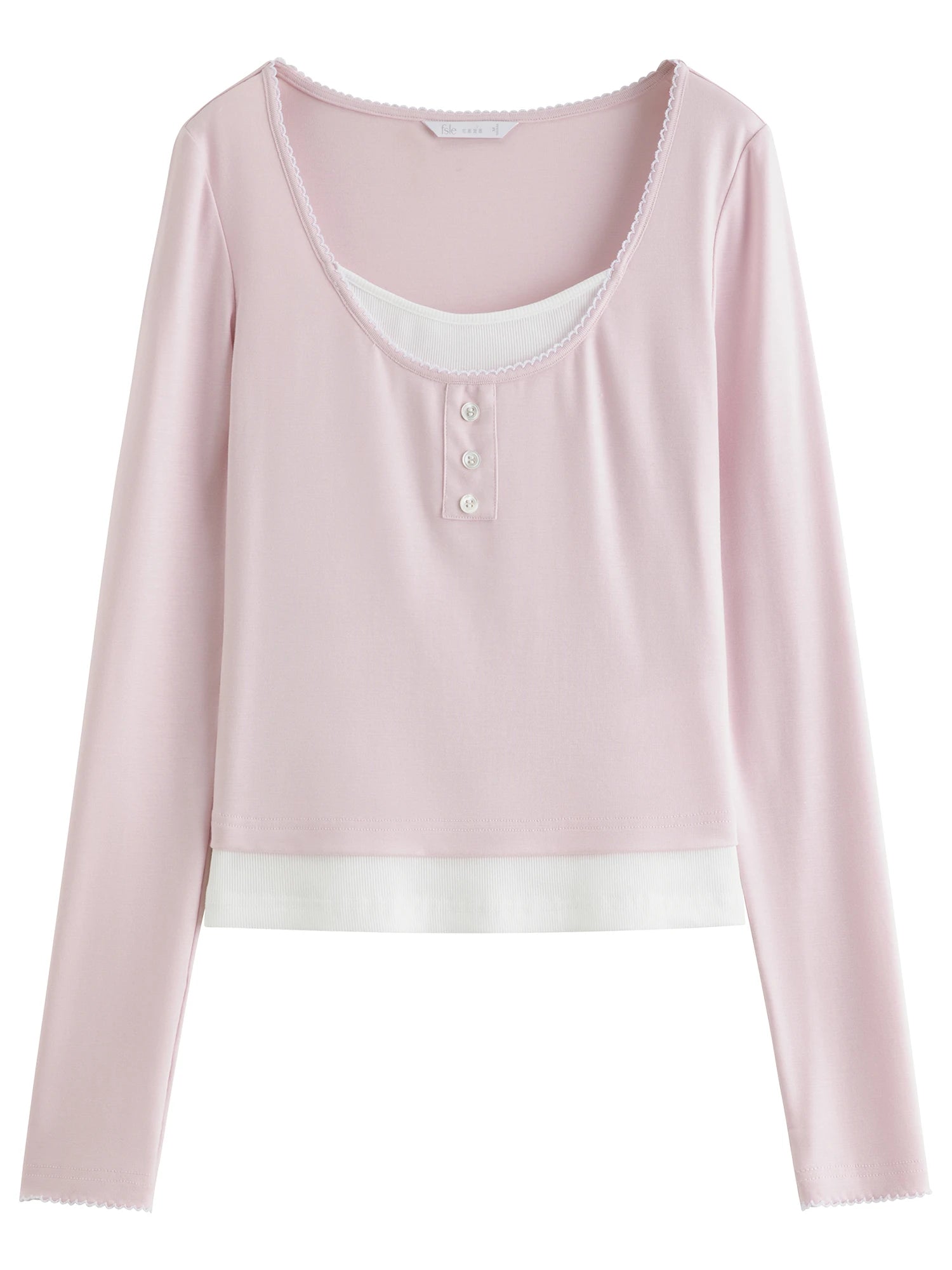 FSLE Autumn Elegant Contrast Color Fake 2 Piece T-shirt Female 2025 Autumn New Korean Style Pink Large U-neck Long-sleeved Top