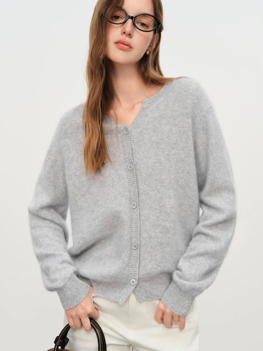 FSLE Winter 2025 Women Pointed Collar Knit Cardigan - Wool Blend Thermal Comfort Long Sleeve Open Front Coat for Casual Elegance