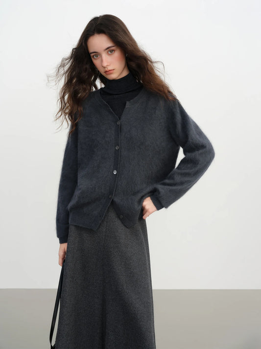 FSLE Winter 2025 Women Pointed Collar Knit Cardigan - Wool Blend Thermal Comfort Long Sleeve Open Front Coat for Casual Elegance