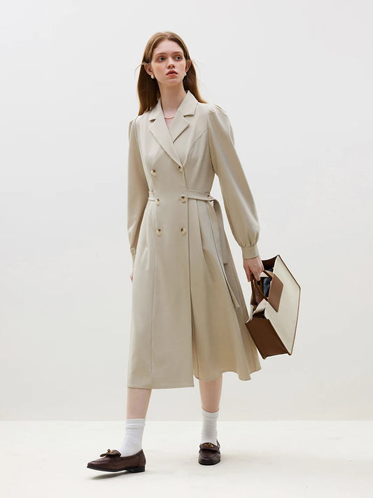 FSLE 2025 New Notched Collar Office Lady Dress Autumn Long Puff Sleeve Double Breasted Suit Dress Solid Twill Women Khaki Dress