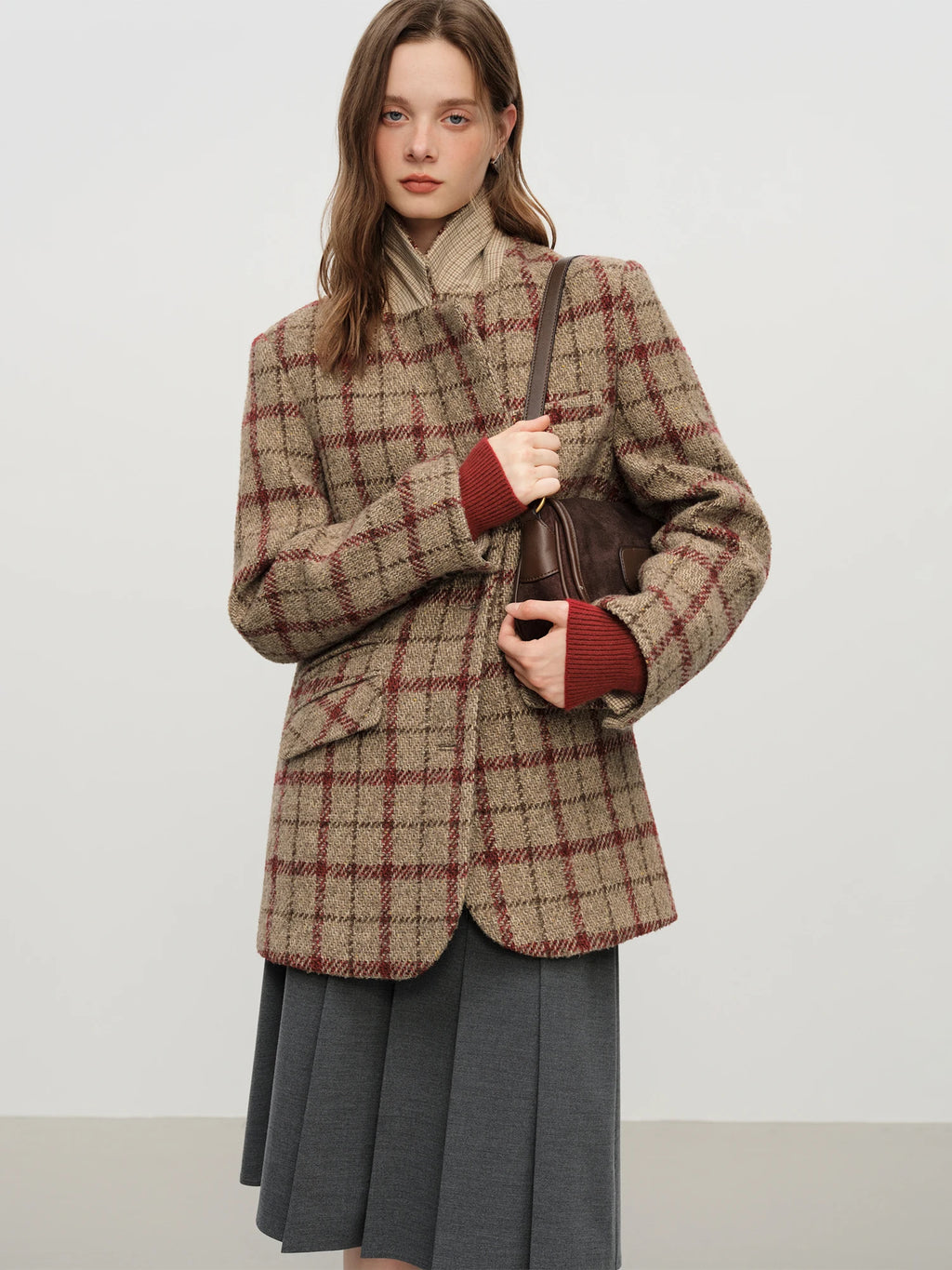 Fsle estilo britânico retro verificação lã blazer jaqueta feminina outono inverno 2025 nova chegada casaco curto feminino reboque cor casaco sob medida