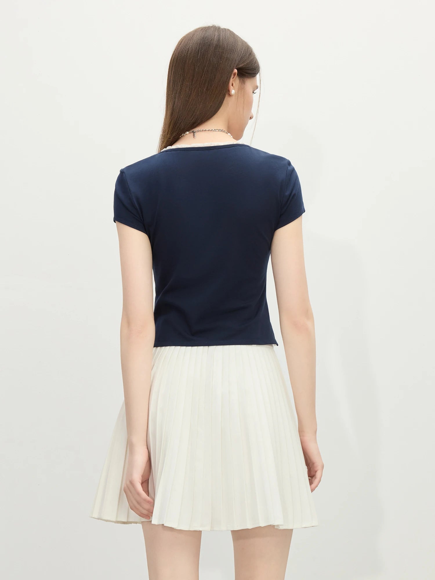 FSLE Sweet Navy Blue Age-reducing Fake Two-piece T-shirt for Women Summer 2025 New Arrival Korean Style Simple Tops 25FS12223