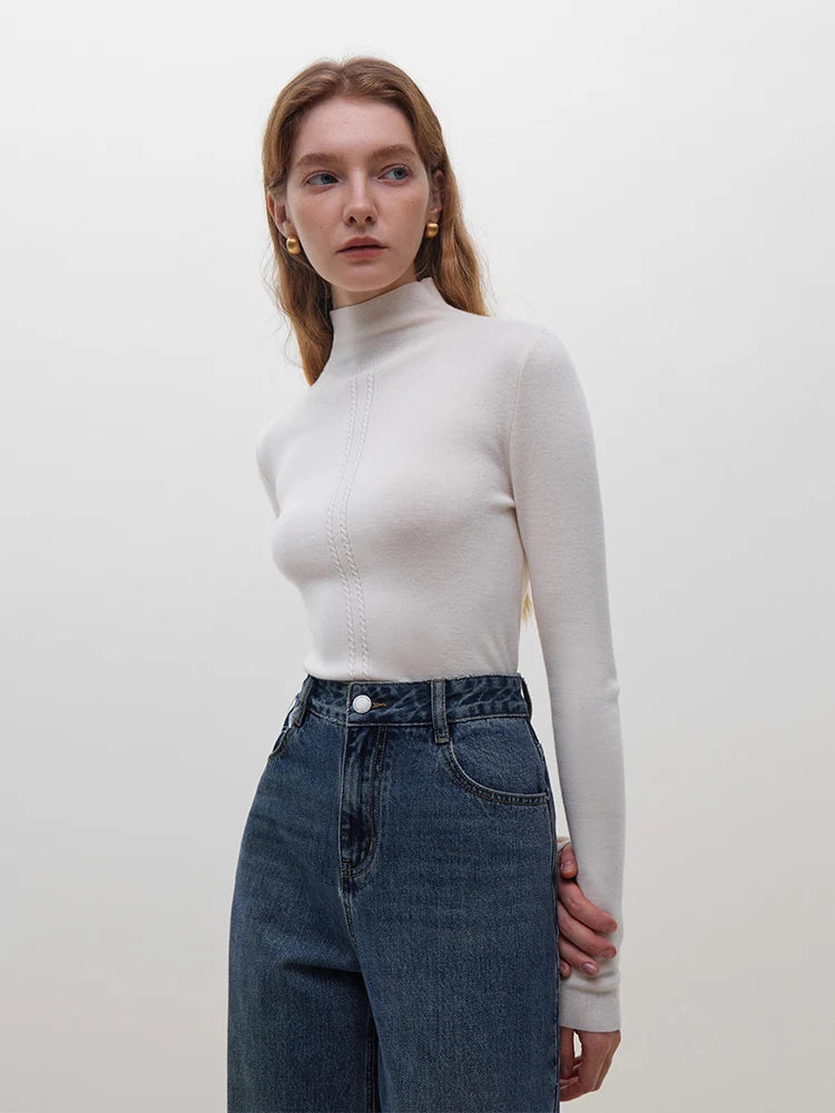 FSLE Double Cable Half Turtleneck 82.4% Wool Knitted Pullover for Women Winter 2023 New Warm Slim Korean Style Base Layer Shirt