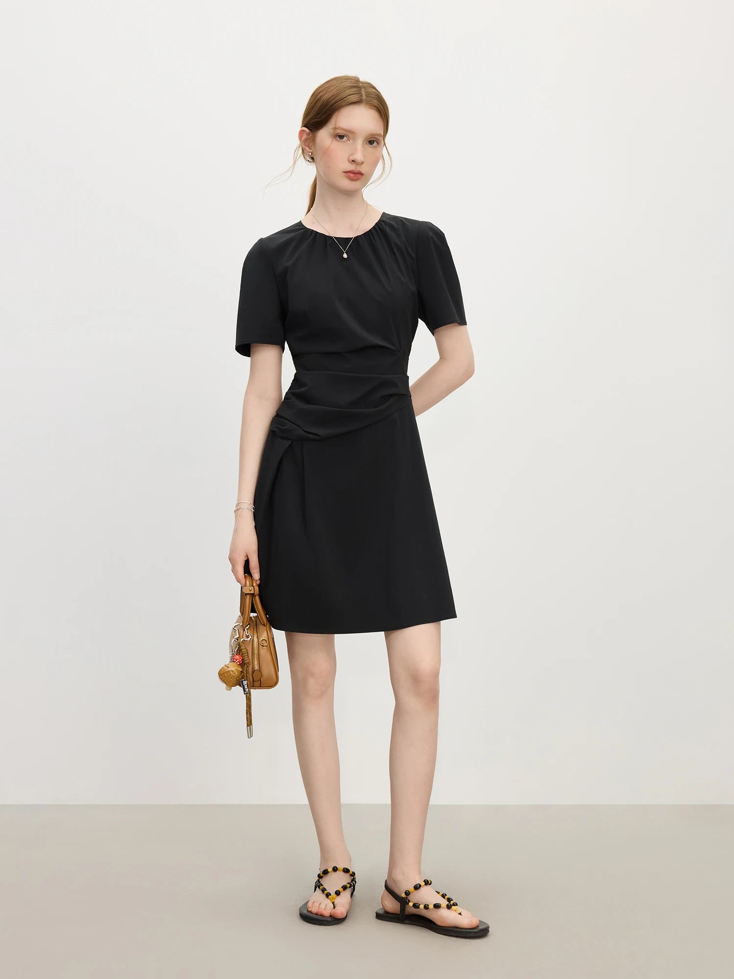 FSLE Black Temperament Waist A-line Dress for Women Summer 2025 New Slim Fit 25FS12744+25FS12742