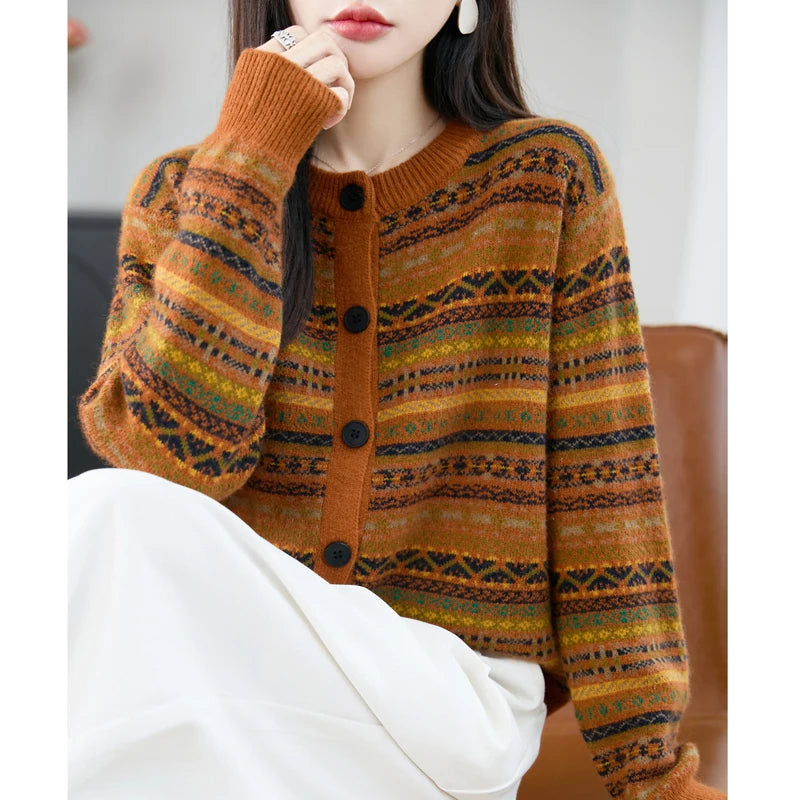 Yoyoselect 100% lã merino feminino listrado cardigan camisola fair isle cashmere camisola o pescoço macio quente topos roupas