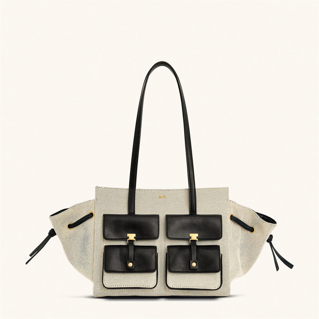 JW Pei New Canvas Black Motorcycle Style Tote Bag Women's Large Capacity Crossbody Purse for Commuters Underarm Shoulder Handbag