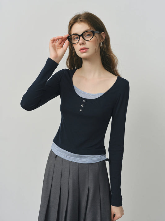 FSLE Autumn Elegant Contrast Color Fake 2 Piece T-shirt Female 2025 Autumn New Korean Style Pink Large U-neck Long-sleeved Top