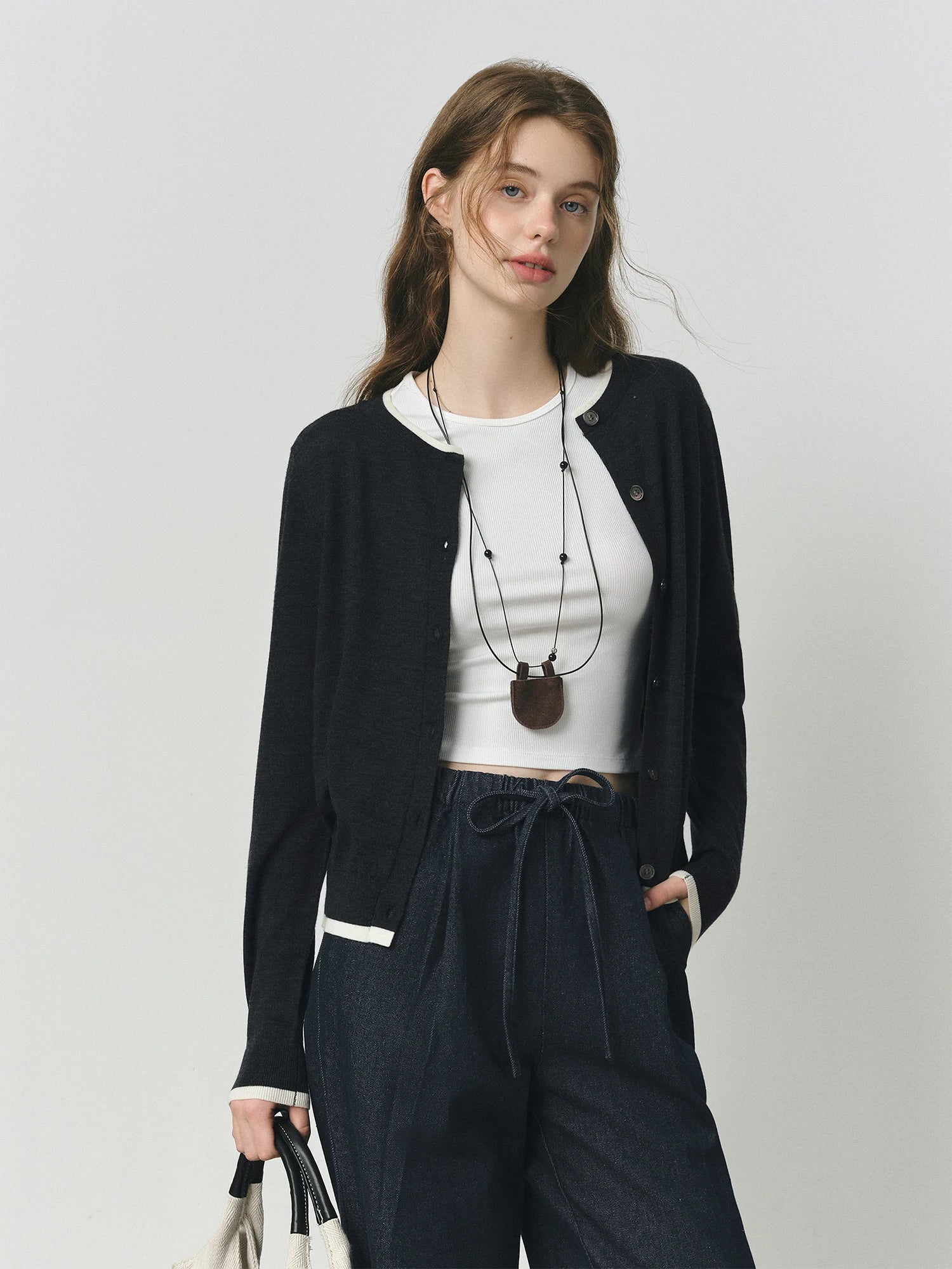 FSLE 2025 Autumn Wool Blend Knit Cardigan Women's Contrast Fake Two-Piece Minimalist Y2K Coquette Office Chic Top 25FS13012