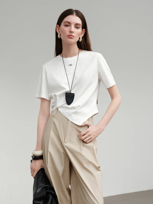 FSLE 【Premium Series】Design-inspired Asymmetric Twisted Pleated Solid Color Short-sleeved T-shirt for Women 25FE12021