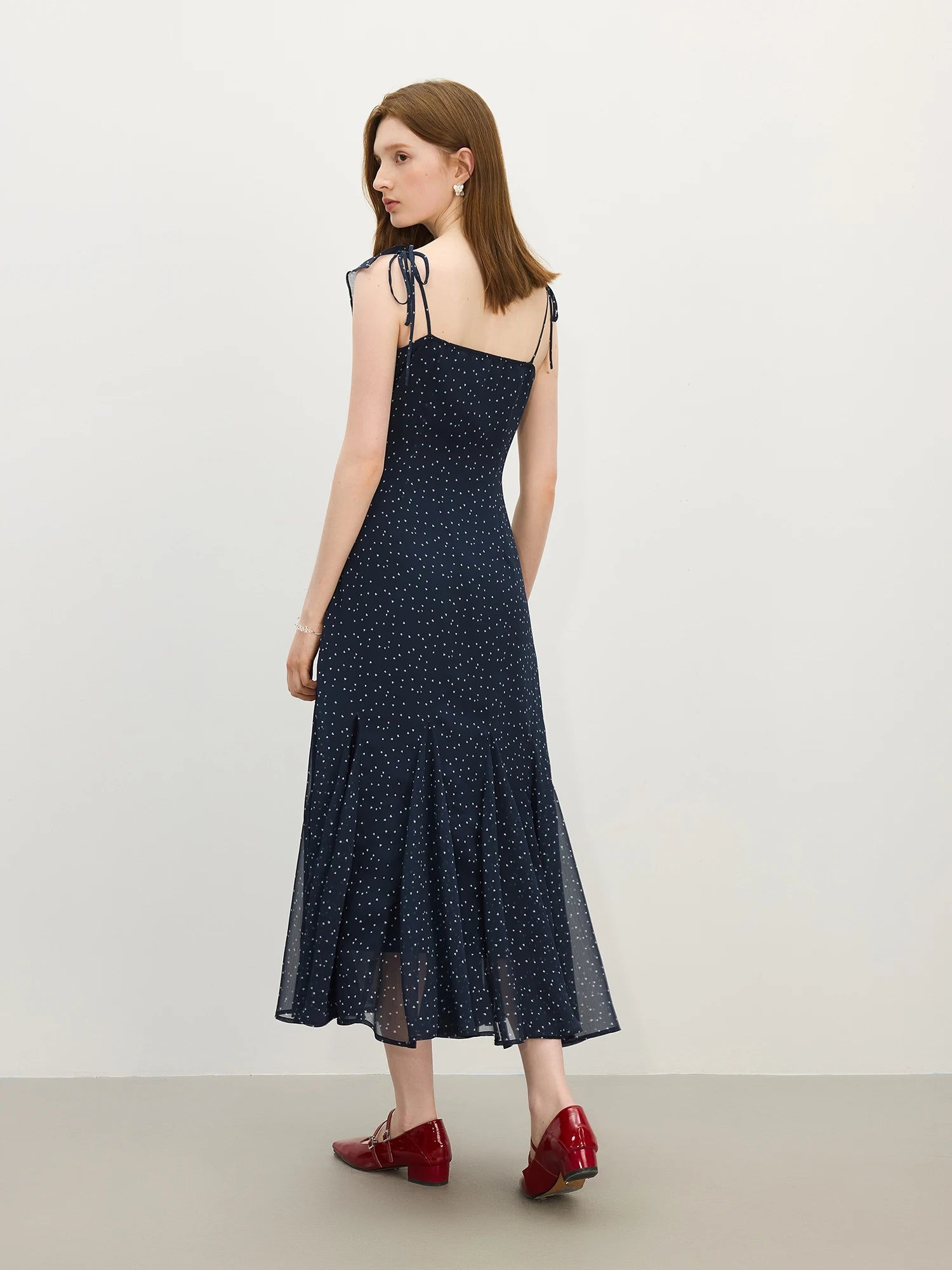 FSLE Love Heart Print Navy Chiffon Ruffled Strapless Dress for Women - Summer 2025 New Romantic Style Dresses 25FS12662