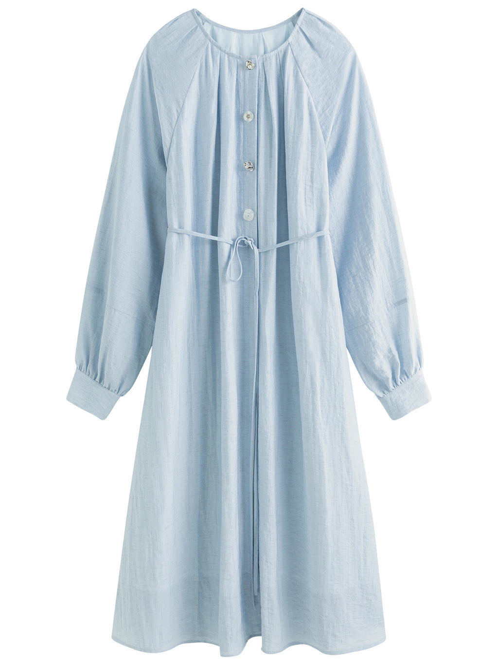 FSLE Women Shirt Long Dress Round Neck Raglan Sleeve Sashes Design Female Blue Autumn Long Sleeve 6.8% Linen Dress 24FS13359