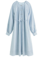 FSLE Women Shirt Long Dress Round Neck Raglan Sleeve Sashes Design Female Blue Autumn Long Sleeve 6.8% Linen Dress 24FS13359