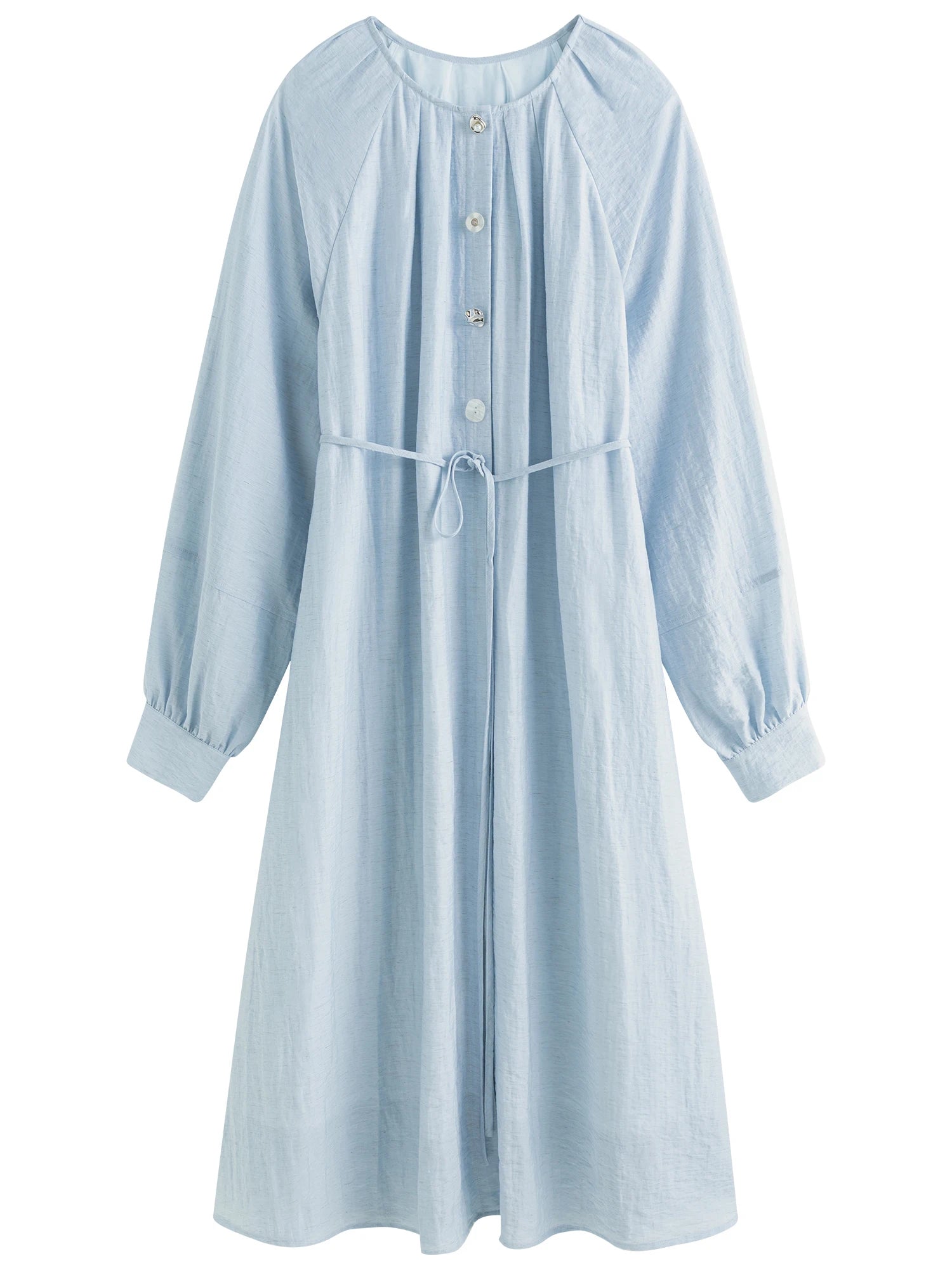 FSLE Women Shirt Long Dress Round Neck Raglan Sleeve Sashes Design Female Blue Autumn Long Sleeve 6.8% Linen Dress 24FS13359