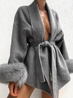 Elegante rendas até casacos curtos de lã sólido solto lapela peluda cinto manga longa jaqueta feminina 2025 outono inverno senhora chique cardigans