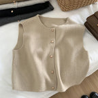 Camisola feminina colete botão dourado até colete de malha macia sem mangas cardigan jaqueta superior outono inverno coreano senhoras chique outfit