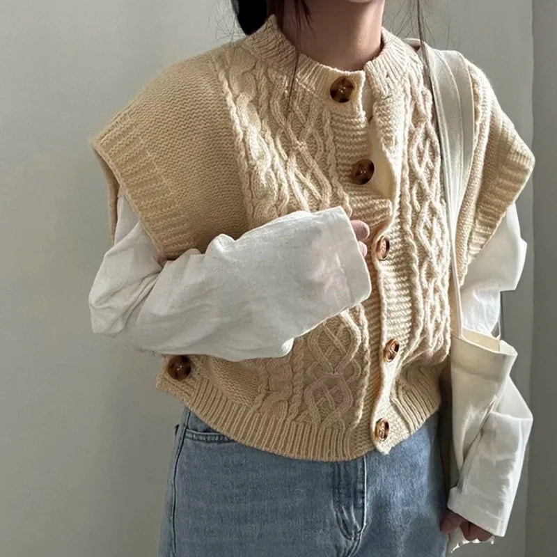 Suéter de malha com cabo colete cardigan para mulheres aconchegante botão sem mangas top de malha para mulheres adolescentes outono inverno roupa casual