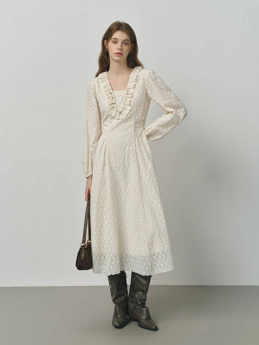 FSLE Autumn Dress Women's V-Neck Wedding Dress Long Sleeve Romantic Floral Embroidery Lace Trim Pearl Accents Loose Maxi Dress