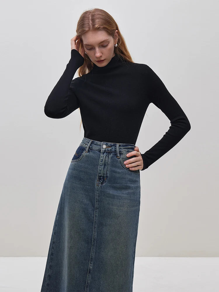 FSLE Double Cable Half Turtleneck 82.4% Wool Knitted Pullover for Women Winter 2023 New Warm Slim Korean Style Base Layer Shirt