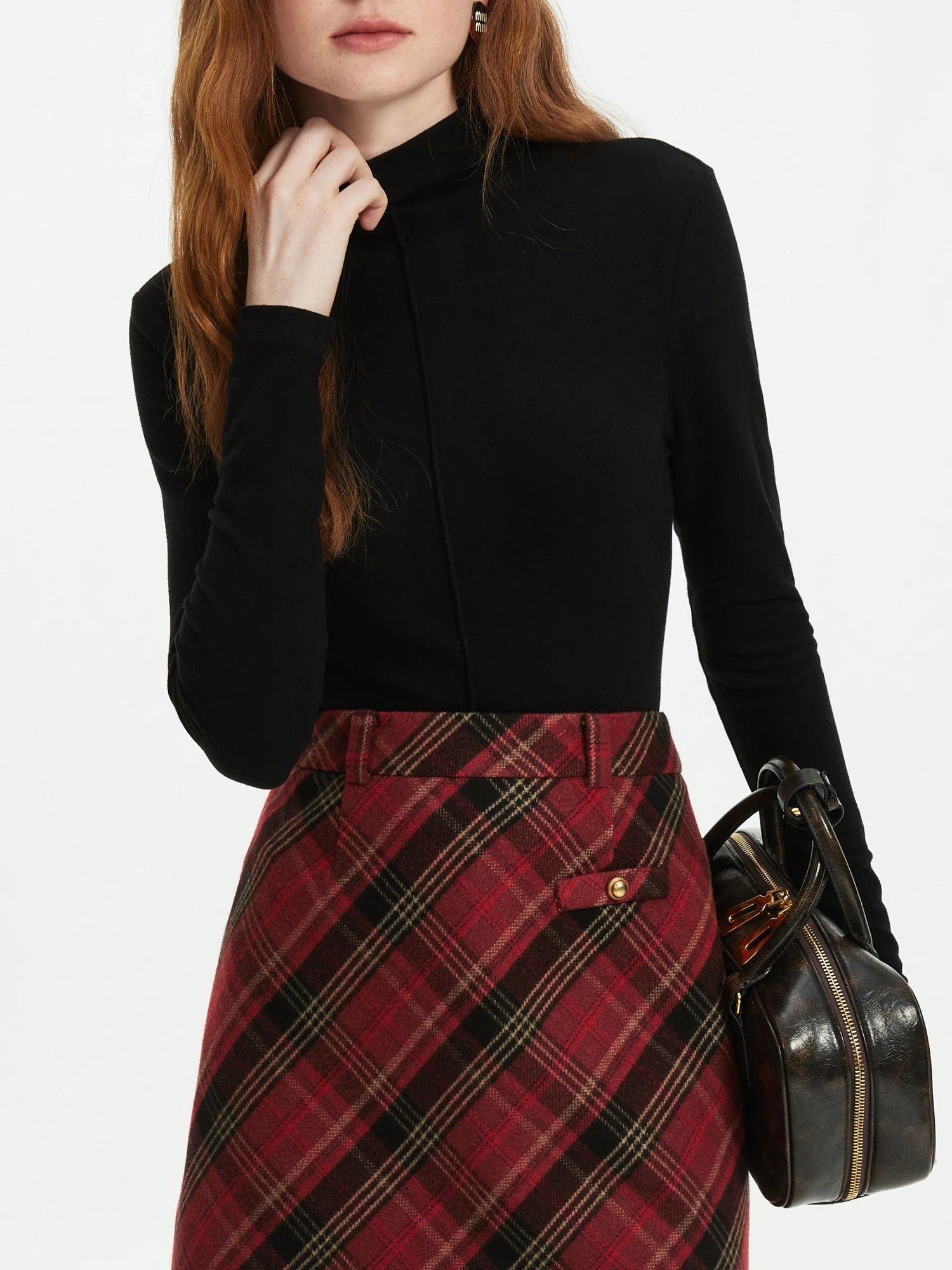 FSLE[-Pulôver feminino fino com pescoço simulado, pulôver elástico verde, suéteres femininos, viajante preto, tops de manga comprida, 24FS14415, 4 cores