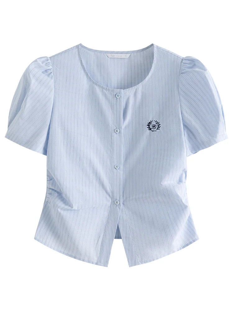 Fsle luz azul listrado all-match camisa casual para as mulheres 2024 verão manga curta novo design magro camisa feminina 24fs12268