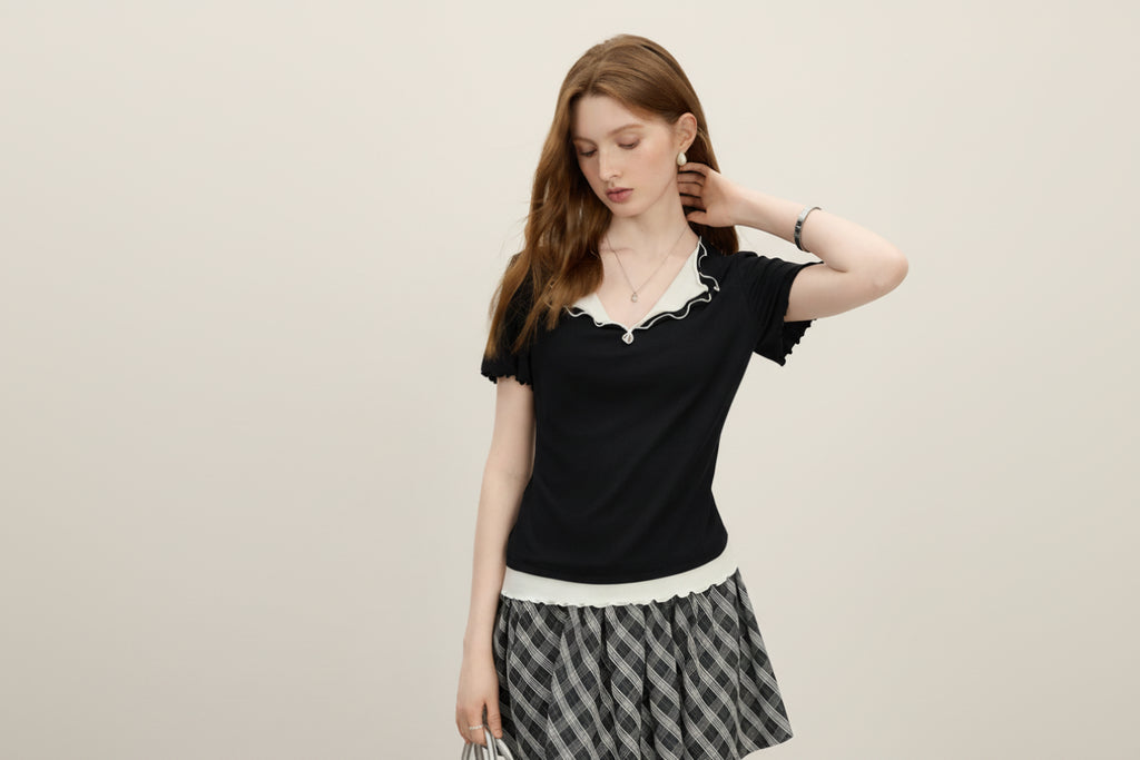 Fsle falso duas peças lapela dupla camada de malha de manga curta camiseta feminina verão 2025 novo estilo idade-reduzindo topos 25fs12534