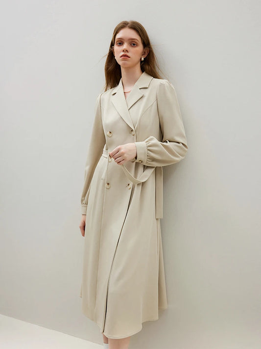 FSLE 2025 New Notched Collar Office Lady Dress Autumn Long Puff Sleeve Double Breasted Suit Dress Solid Twill Women Khaki Dress