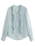 Elegant Asymmetric Ruffle Blouse with V-Neck