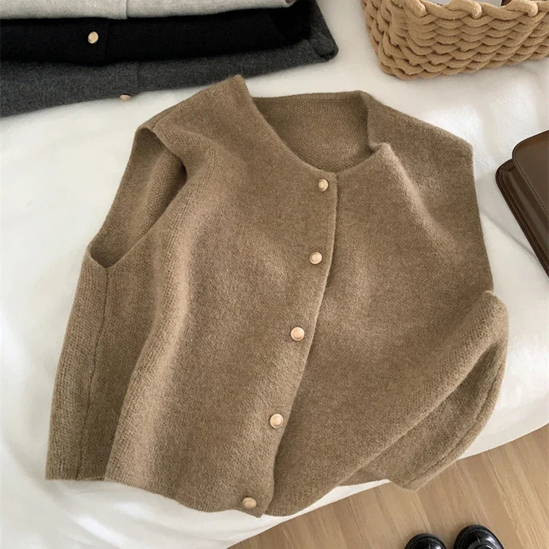 Camisola feminina colete botão dourado até colete de malha macia sem mangas cardigan jaqueta superior outono inverno coreano senhoras chique outfit