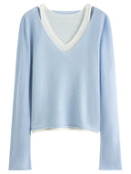 FSLE 2025 New Arrival Women's Fake Two-Tone Sweater Wool Blend Knit Top Round Neck Pullover Y2K Coquette Office Chic 25FS13286