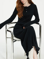 FSLE Black Temperament Black Fungus Edge Round Neck Knitted Dress for Women's Autumn and Winter 2024 New Dress 24FS14246