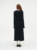 FSLE Black Temperament Black Fungus Edge Round Neck Knitted Dress for Women's Autumn and Winter 2024 New Dress 24FS14246
