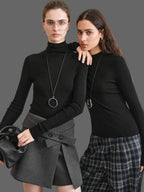 FSLE【Série Premium】Lã de Biela Alemã Outono Super Fina Lavável Sem Costura Mock Neck Camisa de Camada de Base Térmica Feminina