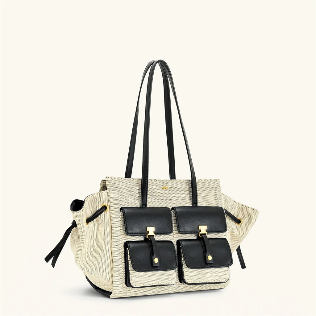 JW Pei New Canvas Black Motorcycle Style Tote Bag Women's Large Capacity Crossbody Purse for Commuters Underarm Shoulder Handbag