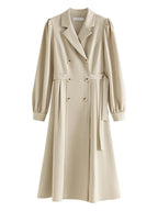 FSLE 2025 New Notched Collar Office Lady Dress Autumn Long Puff Sleeve Double Breasted Suit Dress Solid Twill Women Khaki Dress