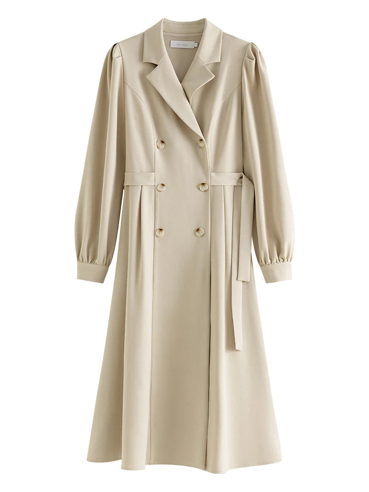 FSLE 2025 New Notched Collar Office Lady Dress Autumn Long Puff Sleeve Double Breasted Suit Dress Solid Twill Women Khaki Dress