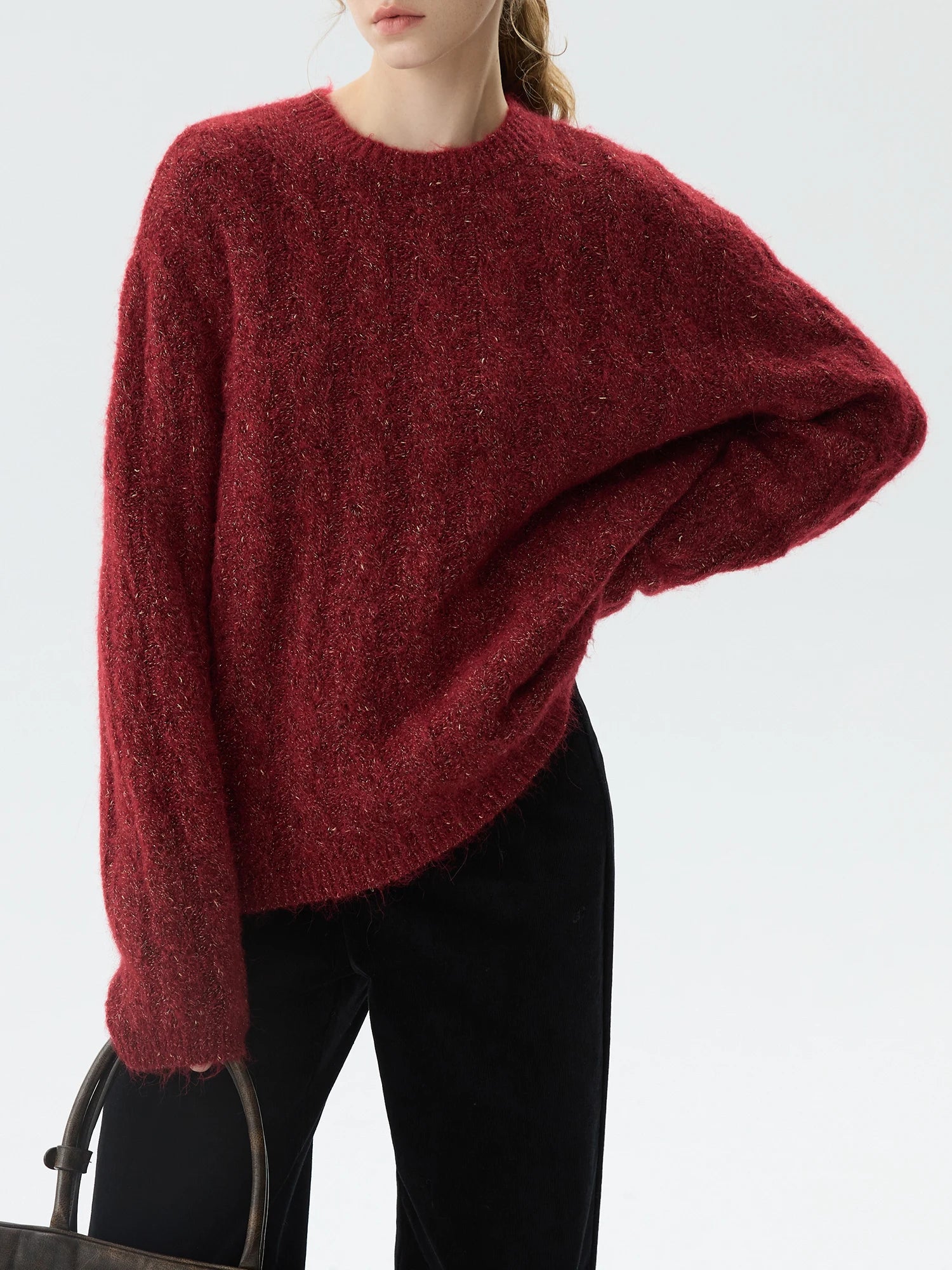 FSLE Office Lady Round Neck Pullover New Year's Red Knitted Sweater Top for Winter 2024 New Casual Loose Women Tops 24FS14572