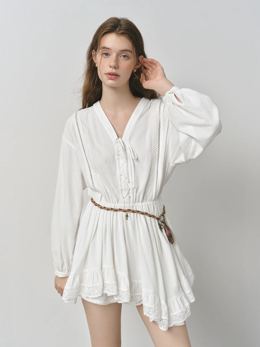 FSLE Fresh Resort Long-Sleeve Lace Appliqué Women's Dress New Autumn 2025 Short Hem Skirt Dresses Without Belt 25FS13027