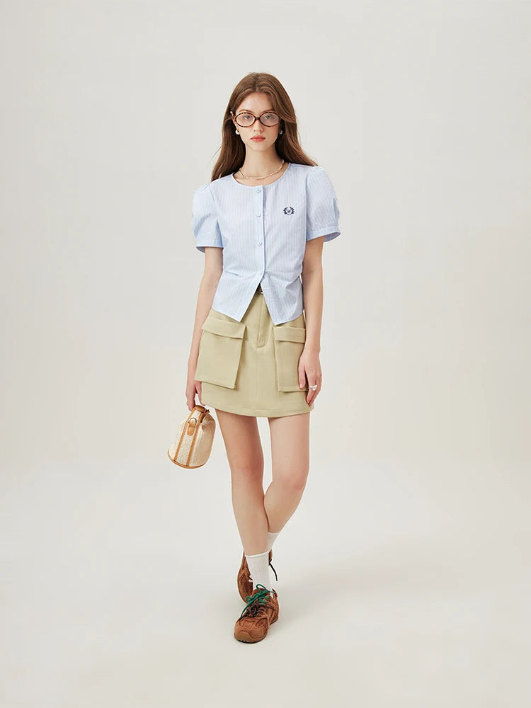 Fsle luz azul listrado all-match camisa casual para as mulheres 2024 verão manga curta novo design magro camisa feminina 24fs12268