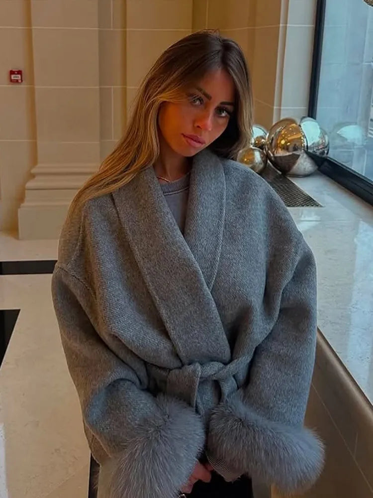 Elegante rendas até casacos curtos de lã sólido solto lapela peluda cinto manga longa jaqueta feminina 2025 outono inverno senhora chique cardigans